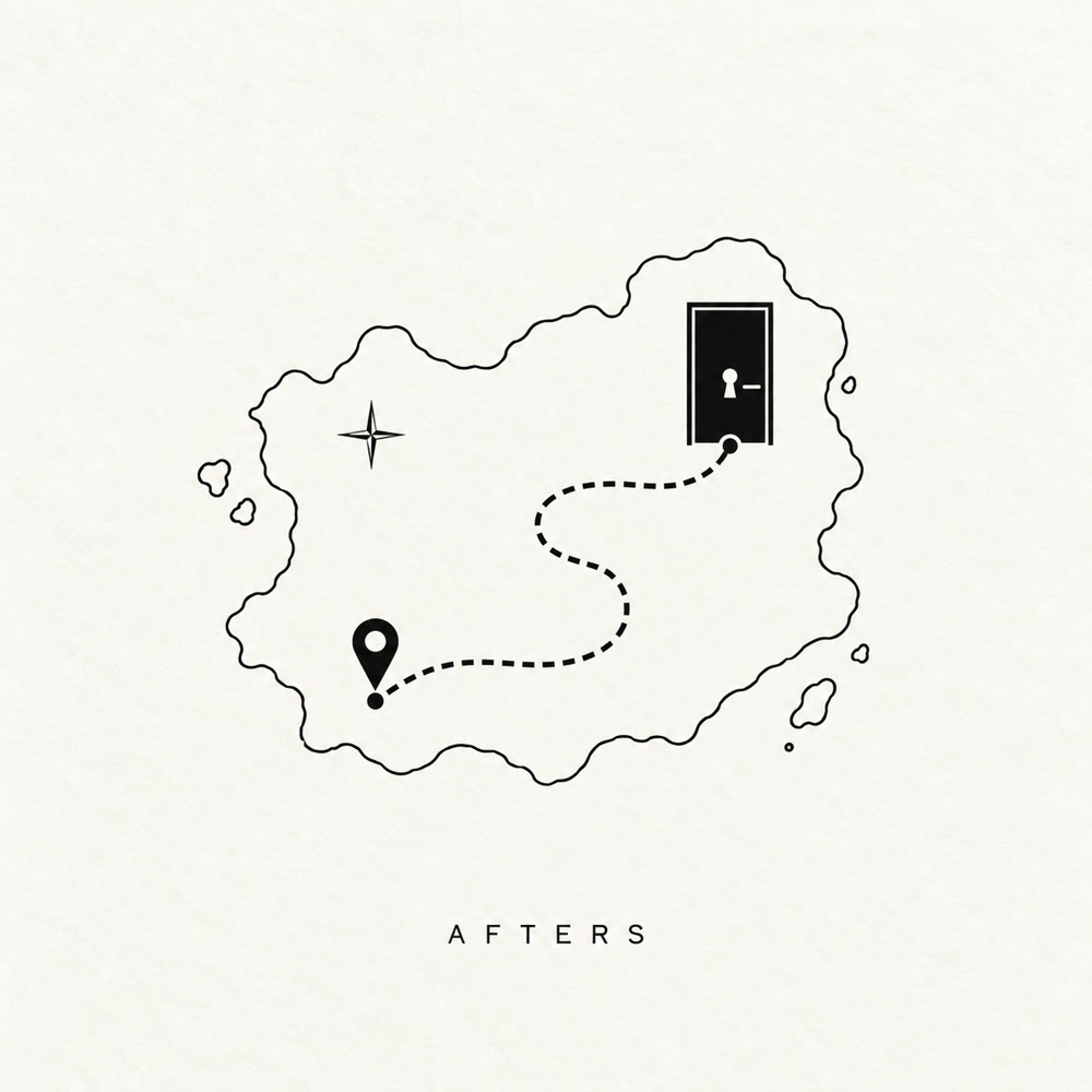 Where’s the Afters? cover: a dotted trail across an ivory treasure map leads to a black door.